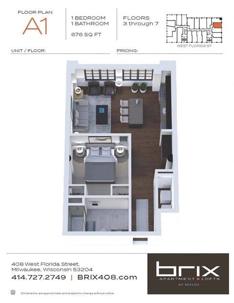 Floor plan for 1 bed, 1 bath, 676 sqft